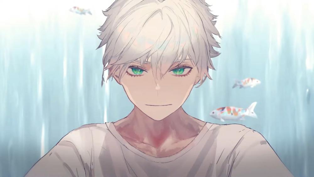 Serene Green-Eyed Anime Boy with Fishes wallpaper