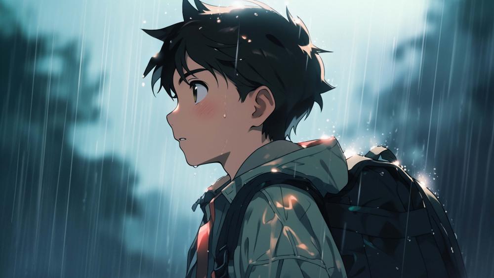 Pensive Boy in the Rainy Scene wallpaper