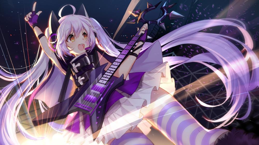 Energetic Anime Girl Plays Guitar at Night wallpaper