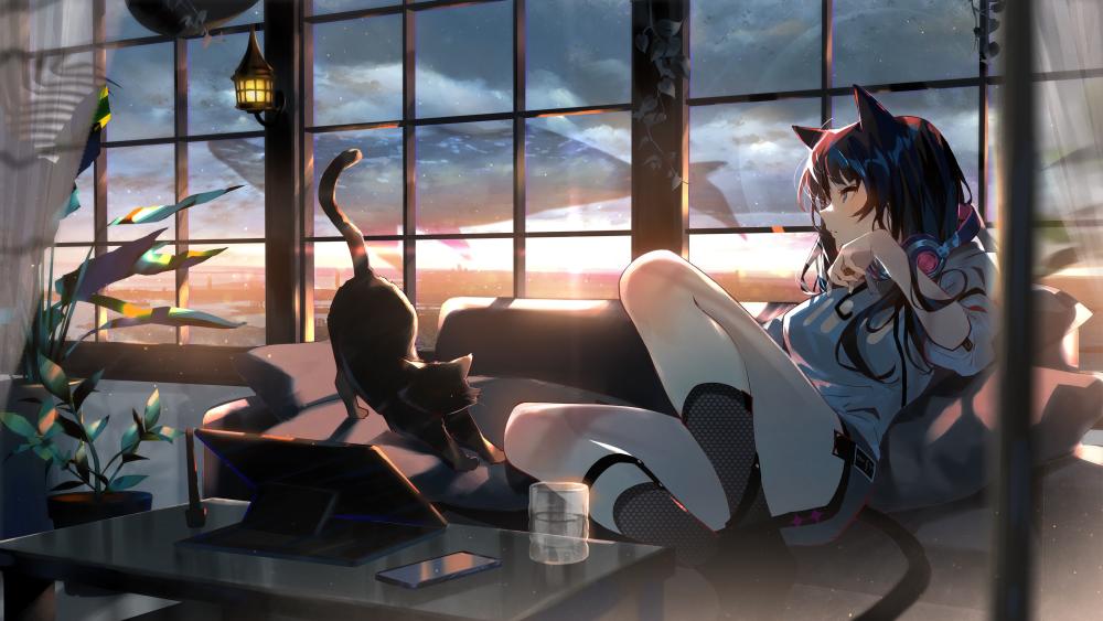 Catgirl Sunset Sanctuary wallpaper