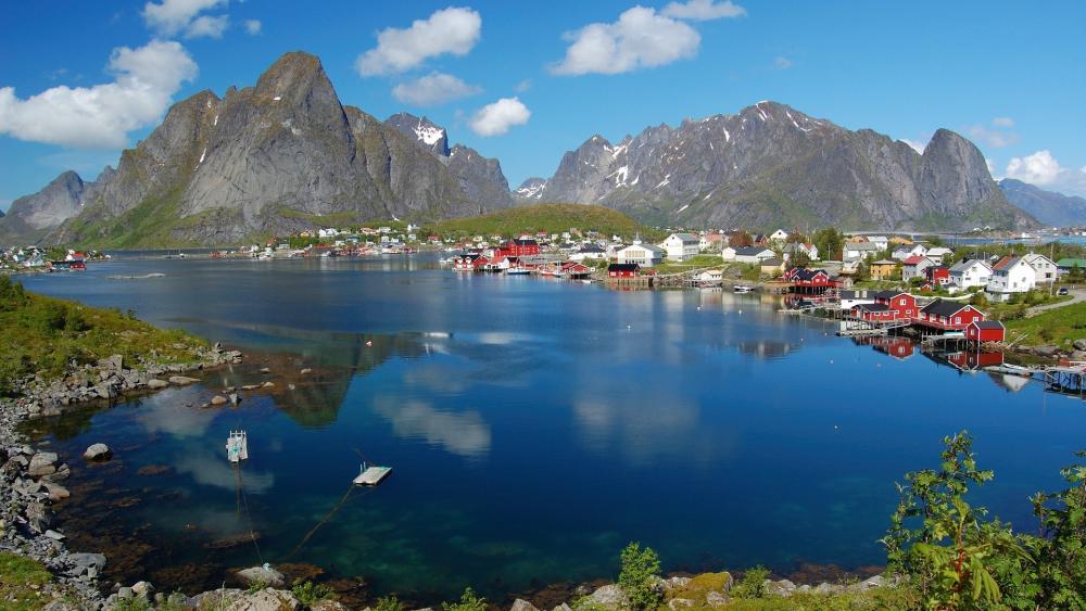 Stunning Reine Village Reflection in Lofoten Islands Norway wallpaper