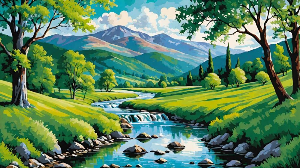 Mountain River Serenity AI Painting wallpaper