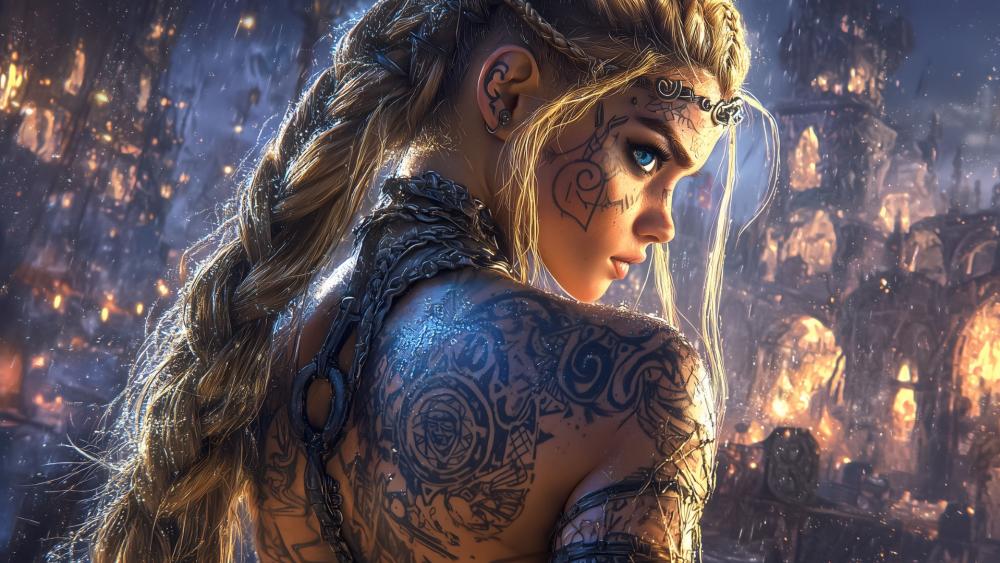 Skilled Tattooed Warrior Girl in a Mystical World wallpaper