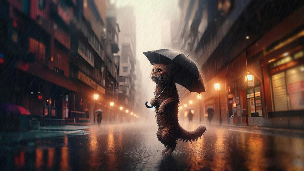 Melancholy Cat in the Rain wallpaper