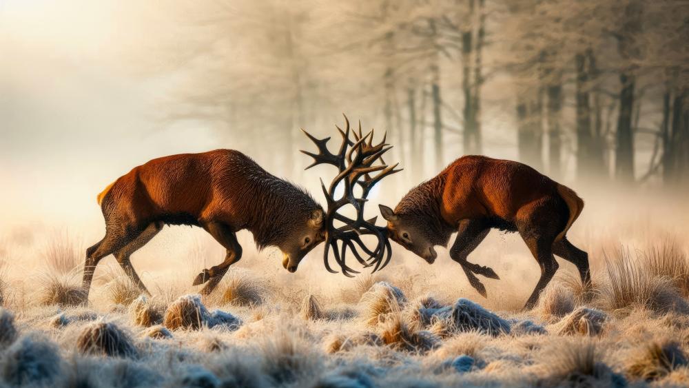 Red deer bucks engaged in a fight on an early winter morning  wallpaper