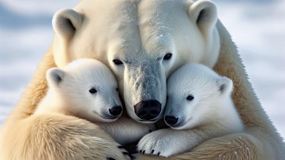 Polar bear mother with cubs wallpaper