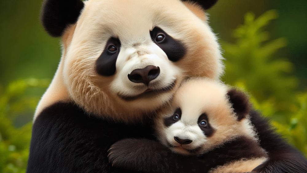 Panda bear mother cuddling her cub wallpaper