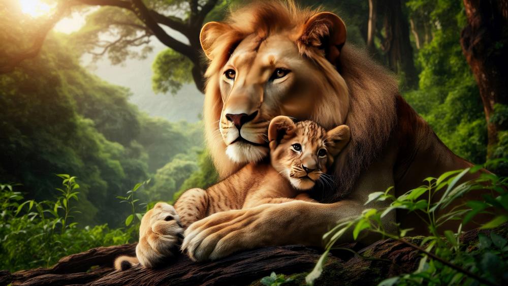 Lion and it's cub in the dense jungle wallpaper