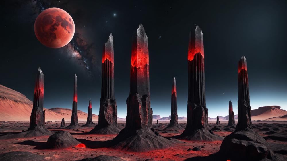 Red Crystal Obelisks on Alien Planet wallpaper