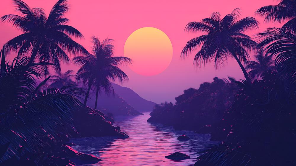 Retro Dream: Sunset Oasis in Pink Sky wallpaper