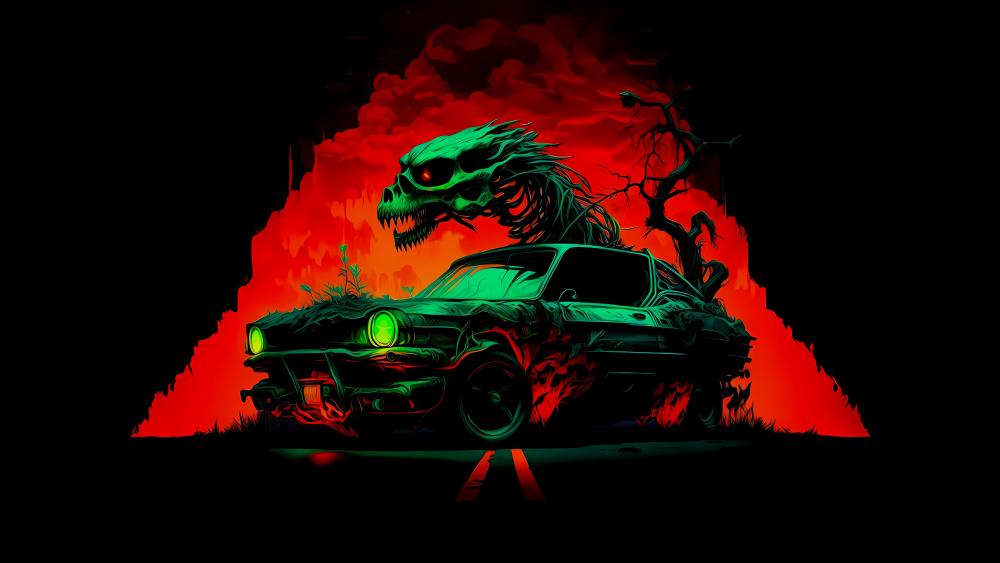 Haunted Car Amidst Fiery Skeleton wallpaper