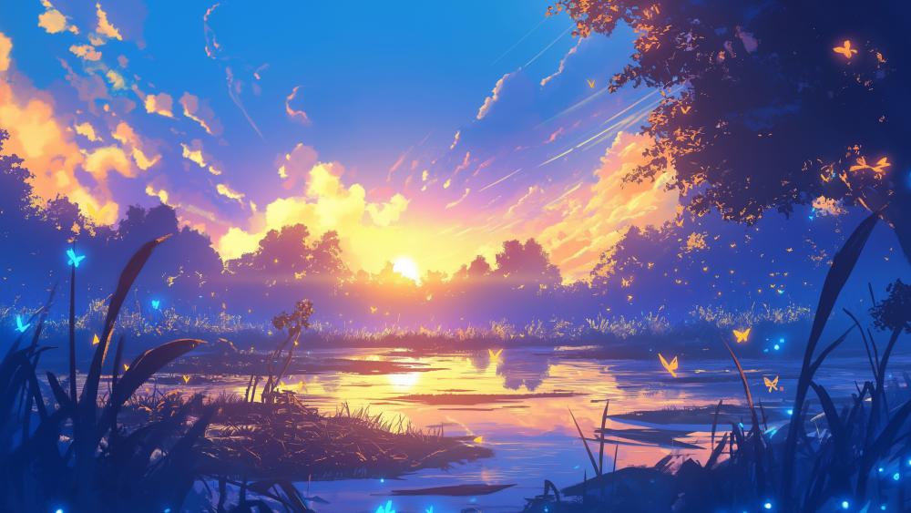 Magic Sunset Fantasy Anime Scene wallpaper