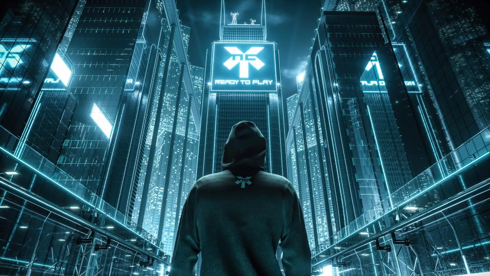 Neon Metropolis: Hooded Wanderer in Futuristic City wallpaper