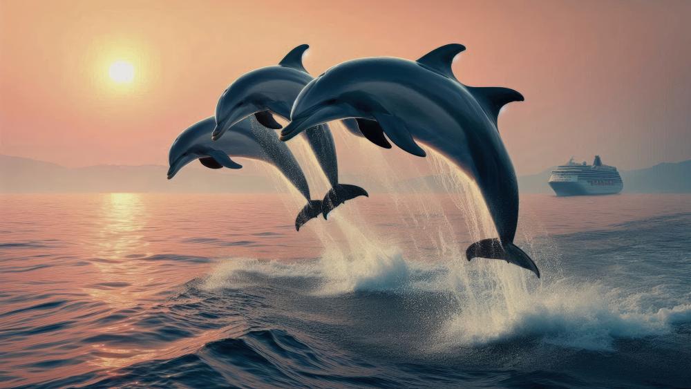 School of dolphins leaping over the waves. wallpaper