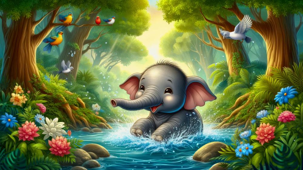 Baby elephant in a river wallpaper