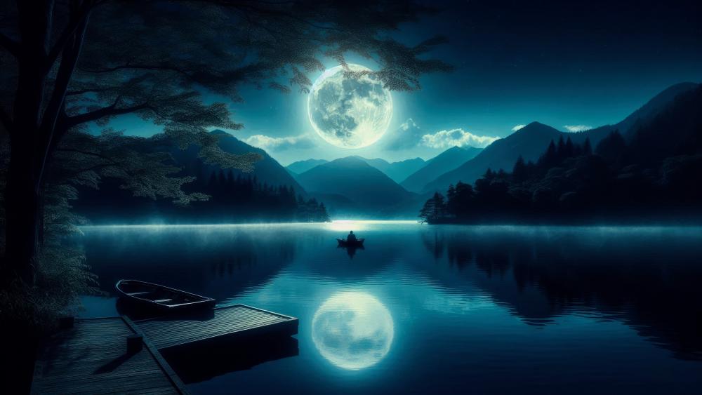 Moon over a lake at night wallpaper