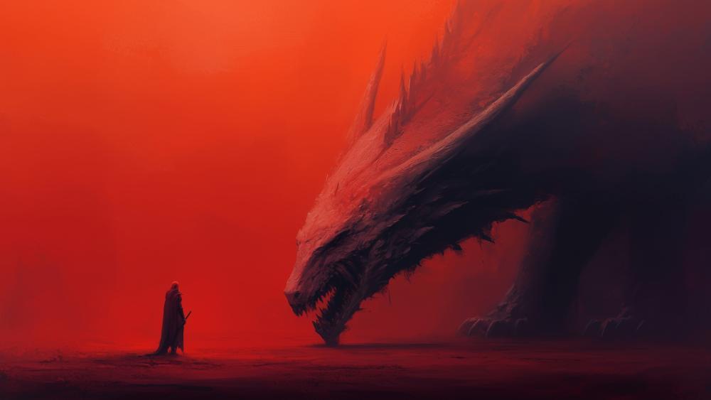 Red Dragon Confrontation in Fantasy Realm wallpaper