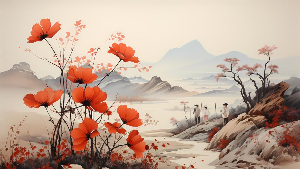 Mystical Poppy Dreams: An Oriental Landscape Painting wallpaper