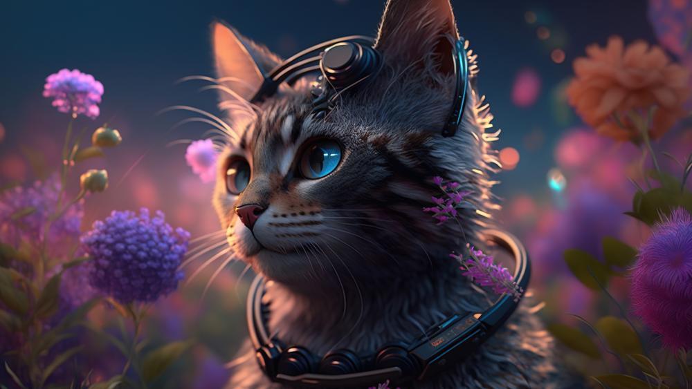 Cyber Cat in Enchanted Flora wallpaper