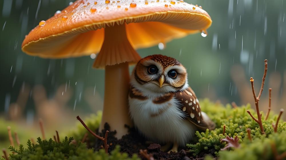 Forest Owl Sheltering Under Mushroom wallpaper