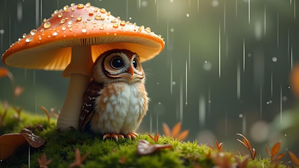 Sheltering Owl under Mushroom in Rainy Forest wallpaper