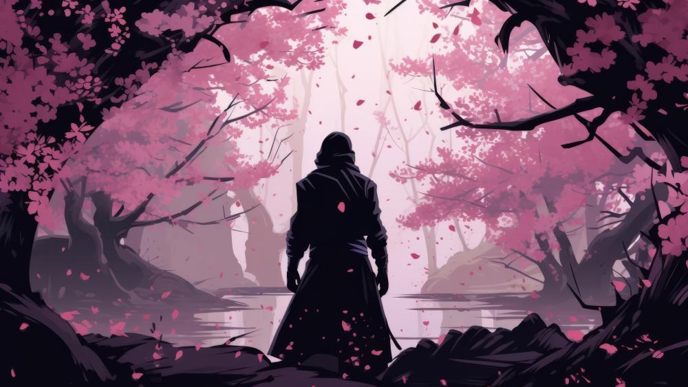 Ninja in Enchanted Cherry Blossom Forest wallpaper