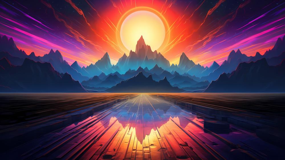 Futuristic Mountain Sunset Reflections wallpaper