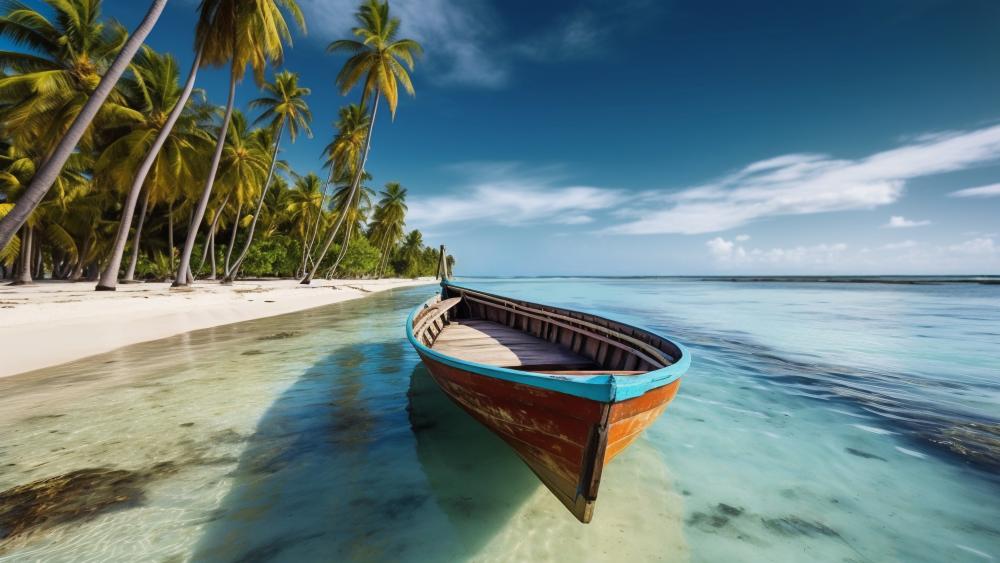 Tropical Boat by the Sea wallpaper