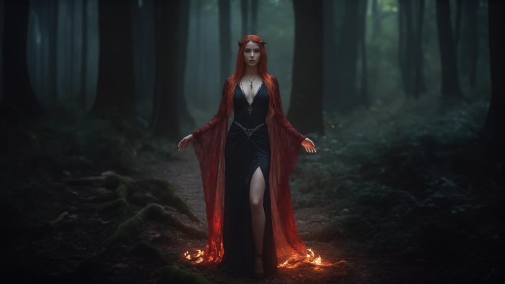 Fiery Witch in Mystical Forest wallpaper