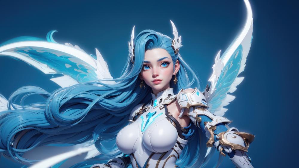 Heavenly Guardian with Blue Hair and Armor wallpaper