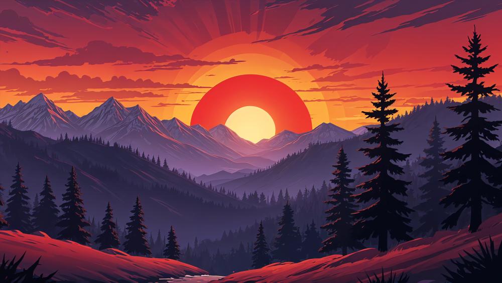 Majestic Sunset over Enchanted Forest wallpaper