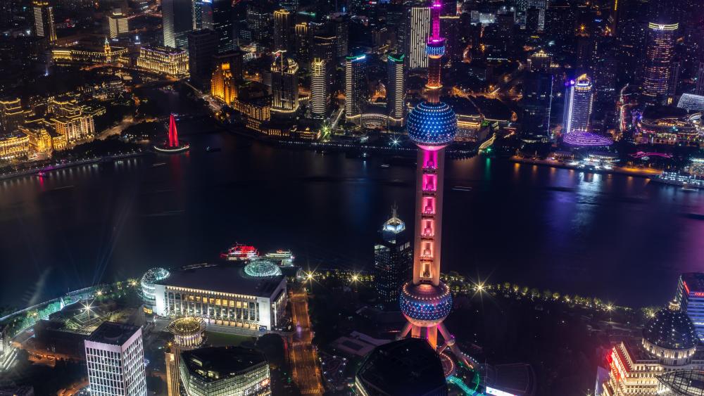 Oriental Pearl Tower & the Huangpu River at Night wallpaper