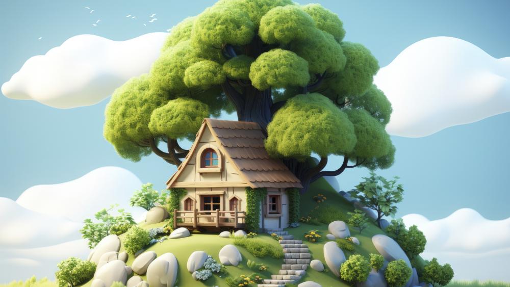 Enchanting Treehouse Cottage Fantasy wallpaper