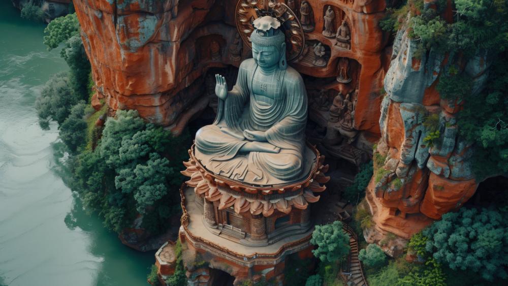 Buddha Amidst Cliffs and Nature wallpaper