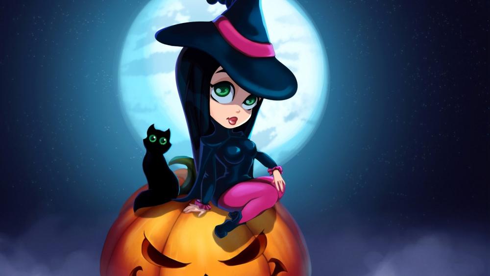 Enchanting Halloween Night with Witch and Cat wallpaper