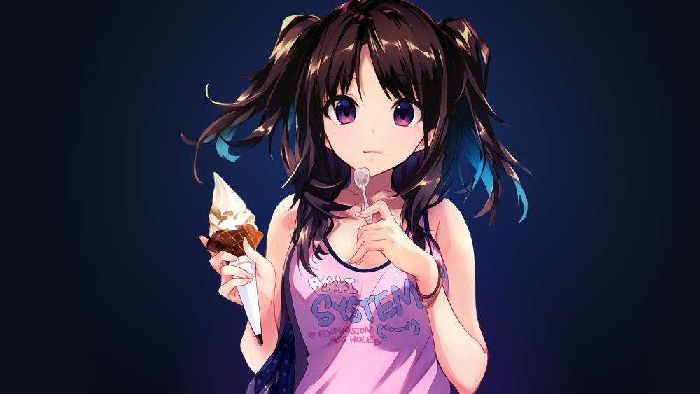 Kawaii Anime Girl Enjoying Ice Cream wallpaper