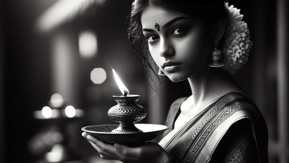 Indian girl with an oil lamp wallpaper