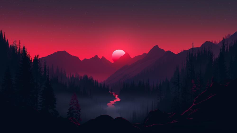 Scarlet Dusk Over Mystic Mountains wallpaper