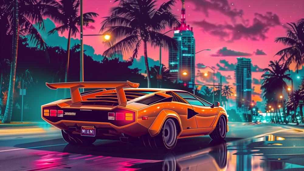 Retro Supercar in Cyberpunk Miami wallpaper