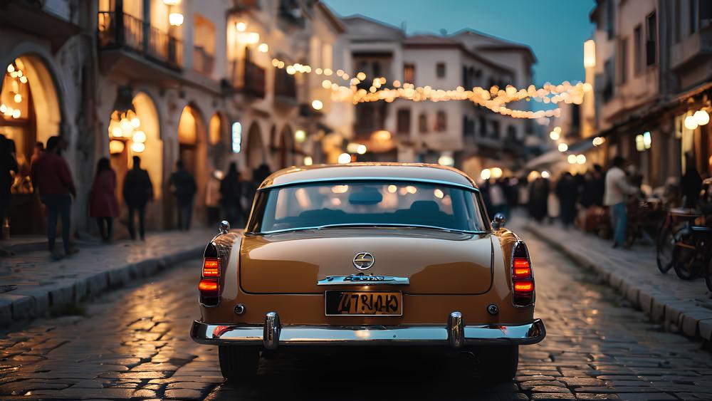 Vintage Car Evening Street Scene wallpaper