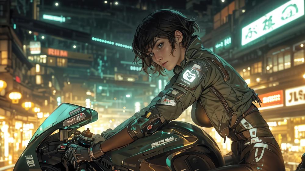 Cyberpunk Biker Girl in Neon Cityscape wallpaper