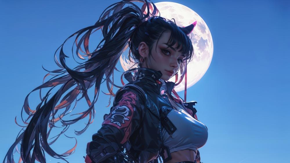 Moonlit Cyberpunk Guardian wallpaper