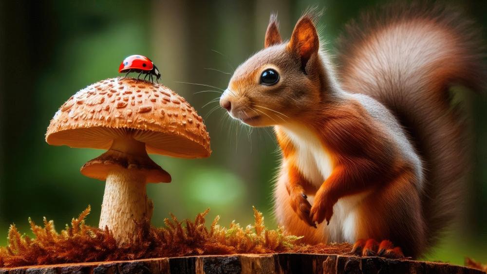 A Squirrel looking at a Ladybird on a mushroom  wallpaper