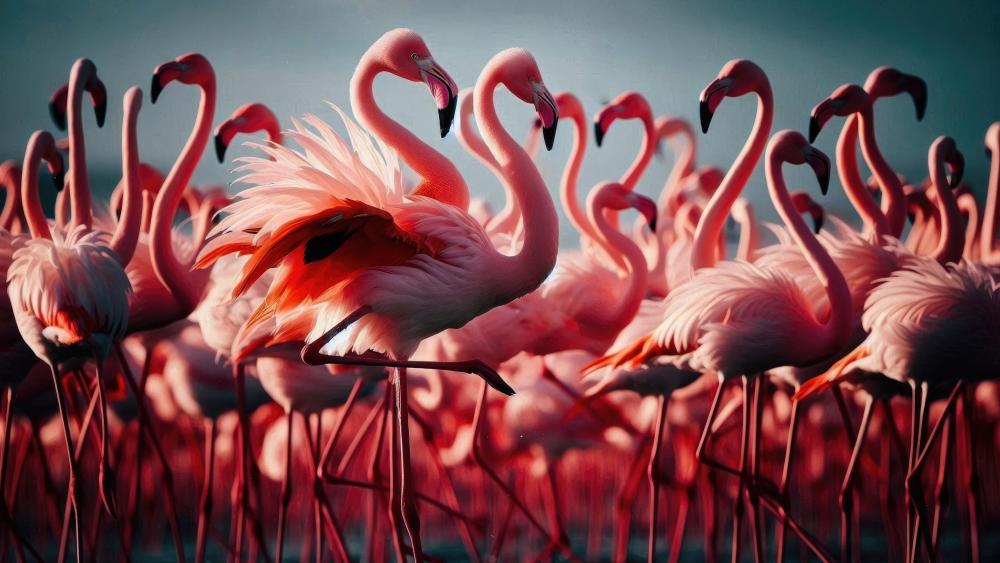 Flamingos in synchronized movement wallpaper