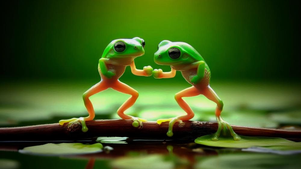 Fist pumping frogs on a pond wallpaper