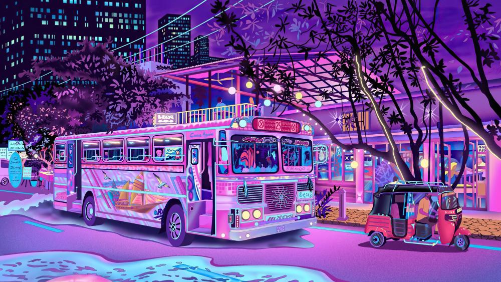 Neon Bus Stop Anime Fantasy wallpaper