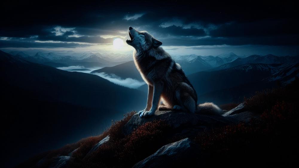 A lonely howling wolf on a mountain top on a full moon day. wallpaper