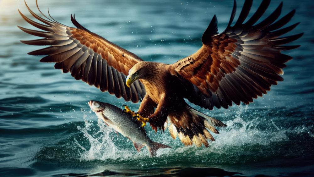 An eagle catching a fish on the water's surface while on flight wallpaper