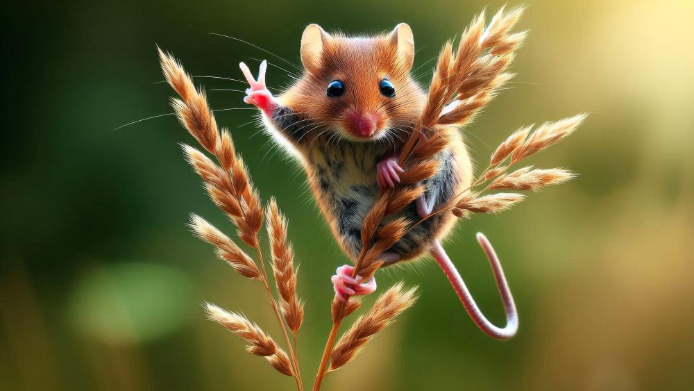 A mouse on a grass flower making a victory sign wallpaper