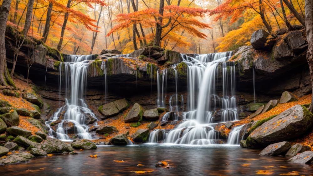 Autumn Waterfall in Enchanted Forest wallpaper